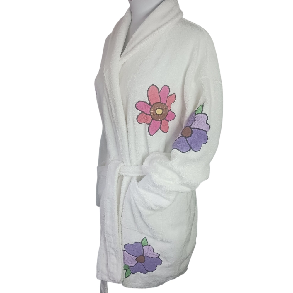 Agean Apparel Terrycloth Short Robe White Floral Embroidery 90s Y2K Vtg OSFM - Picture 4 of 11